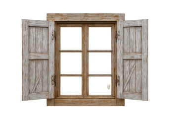 Obraz premium Weathered wooden window frame, open wooden shutters against transparent backdrop, ready for graphic design projects