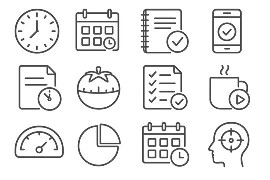 Time Management Icons. Line style icons of time management at work: wall clock, calendar block, daily planner icon, time tracker