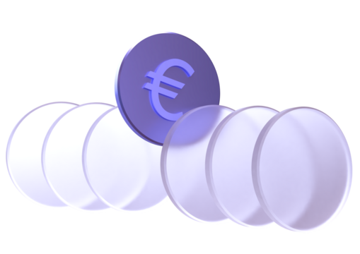 White Euro Coins, 3D Currency Object – Glossy holographic euro coins arranged in a row, abstract design for economy, banking, and profit.