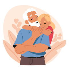 Cute little preschool grandchild hugging grandfather with love and adoration cartoon scene