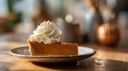 Enjoying a slice of pumpkin pie with whipped cream during the holidays.