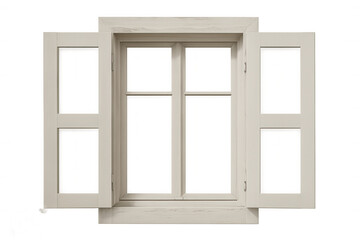Obraz premium White wooden window frame with open shutters, revealing transparent background, ideal for architectural rendering and design visualizations