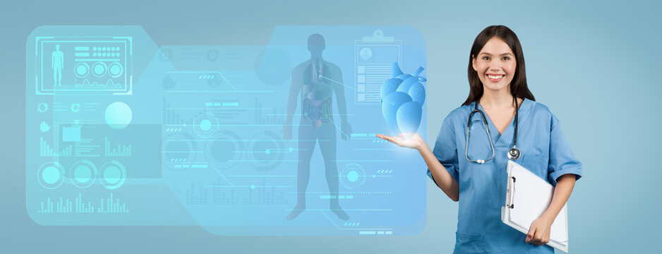 A healthcare professional in modern attire presents cutting-edge medical technology. Interactive digital displays highlight patient data and medical advancements in a contemporary setting.