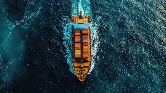 Massive cargo ship navigates rough ocean waters, symbolizing global trade and logistics power