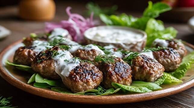 A traditional plate of Albanian Qofte, lamb meatballs served with a side of creamy yogurt and herbs, served in a rustic, countryside farm setting