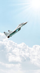 Obraz premium High speed jet fighter soaring through clouds under bright sunlight
