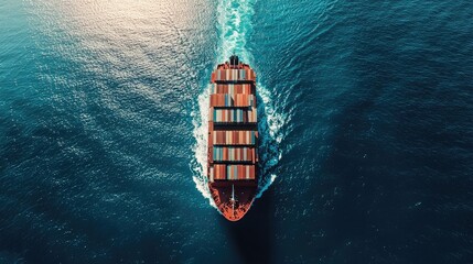 Massive cargo ship navigates vast ocean, delivering global commerce with powerful efficiency and vast potential.