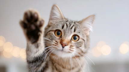 Fluffy tabby cat high fiving owner in a heartwarming scene