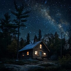 Tranquil forest cabin illuminated warmly under cosmic night high resolution picture