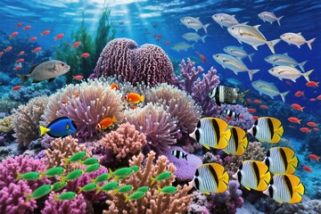 Obraz premium Explore a vibrant coral reef filled with diverse, colorful fish in a tranquil underwater setting with harmony