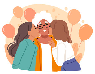 Cute granddaughters kissing their grandmother sharing love due to grandparent day cartoon scene