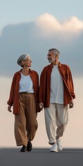 Naklejka premium Elderly caucasian couple enjoying outdoor walk in matching outfits