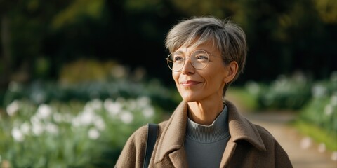 Mature caucasian woman enjoying sunny day in garden with flowers