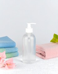 Clear pump bottle with towels and flowers