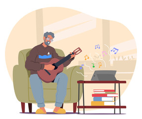 Senior man cartoon character learning playing guitar taking online lesson on laptop computer at home