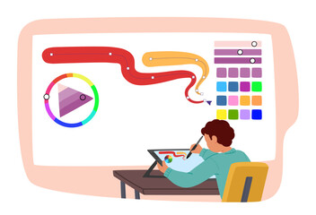 Elementary schoolboy character learning digital art graphic design sitting at desk cartoon scene