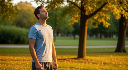 Man in light blue shirt meditating outdoors in a sunny park with eyes closed. Relaxation and mindfulness exercise for well being concept.