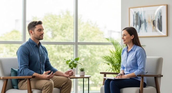 A woman therapist consults with a male client practicing meditation during a session. Mental health, psychology. - Powered by Adobe