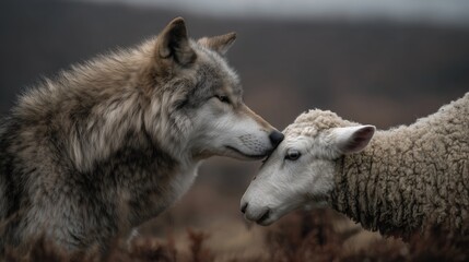 Wolf and sheep bonding in an unexpected display of friendship, challenging the predator-prey stereotype
