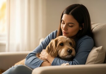 Young woman meditates with dog. Female connection with pet for emotional support. Comfort and relaxation at home.
