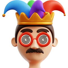 3D Rendered Fool Character Wearing Crown and Hypnotic Glasses Illustration