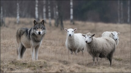 Obraz premium Wolf is standing in an open field, watching a group of sheep, highlighting the concept of predator and prey