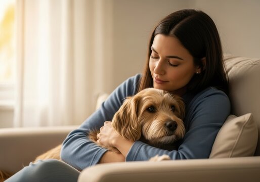 Young woman meditates with dog. Female connection with pet for emotional support. Comfort and relaxation at home.