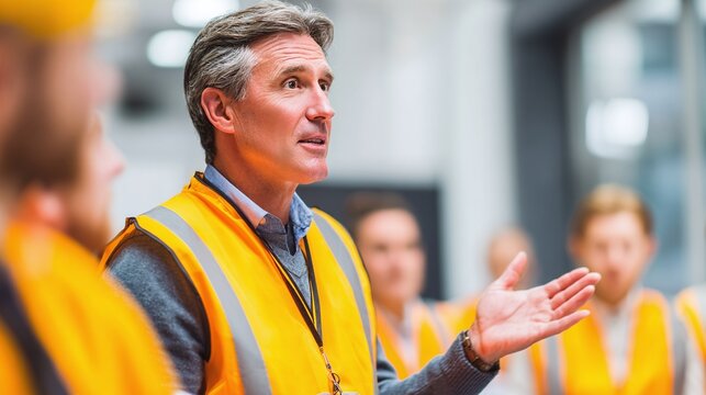 Construction foreman addresses the team, sharing job site safety protocols and operational strategies. The group listens in bright safety vests.