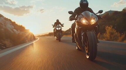 Motorcycle riders cruising on scenic road at sunset adventure and freedom with bikes and open road journey