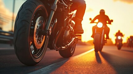 Motorcycle riding group at sunset on road trip with bikes and helmets for adventure and freedom ride