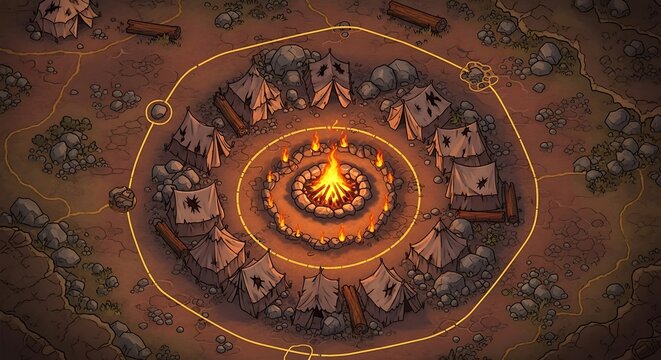 Fantasy Village Campfire at Night Overhead View.