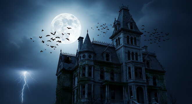 A spooky mansion under a full moon with bats flying and lightning in the dark night sky scene view