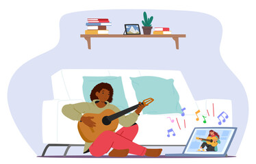 Young woman character learning playing acoustic guitar using laptop for remote music lesson