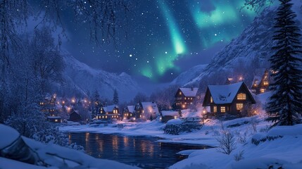 A serene winter scene featuring cozy cabins beside a river, illuminated by the enchanting Northern Lights in a snowy landscape.
