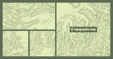 Colorful topographic map sets with contour lines. Geographic terrain grid, relief height elevation. Ground path pattern. Travel and navigation, cartography design element. Vector illustration
