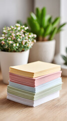 Colorful stack of resume prints on designer desk with indoor plants