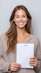 Confident young woman displaying resume for job interview preparation