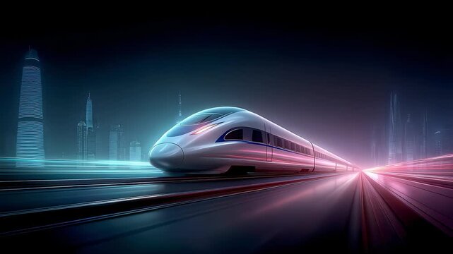 High-Speed Train Shuttle Through City Full of Future