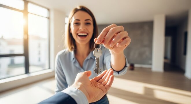 Woman handing over car key or house key to a man. Real estate agent or broker giving keys to new owner. Relocation concept.