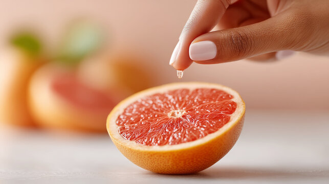 Fresh grapefruit juice squeeze close-up with juicy citrus segment