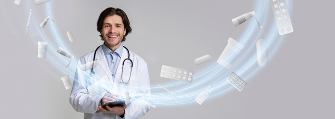 Doctor stands confidently with a tablet, surrounded by floating medicine and healthcare symbols. The background creates a dynamic feel, emphasizing innovation in healthcare and medicine.
