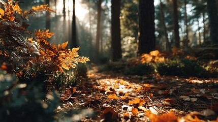   The sun illuminates yellow and red leaves scattered on the ground beneath tall trees in a vibrant forest