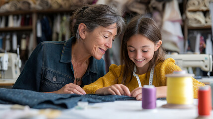 Mother daughter sewing team crafting handmade garment together in workshop setting