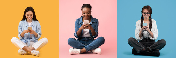 Three diverse students sit cross-legged on colorful backgrounds, focused on their mobile devices. Each student represents a different background, showcasing modern communication and study habits.