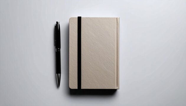 Closed Notebook with Pen on Neutral Surface