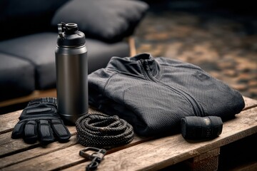 Dark monochrome sports and outdoors gear laid out on a rustic wooden surface, ready for action and adventure, including apparel and accessories.
