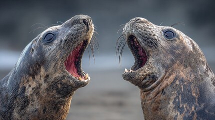 Fototapeta premium Two seals facing each other, mouths open, possibly calling or vocalizing on a sandy beach. Showing their teeth, whiskers, and expressive faces.