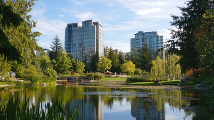 Naklejka premium Harmonious Urban Oasis: Modern Skyscrapers Reflected in a Serene Park Pond.