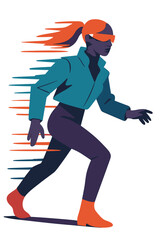 A fashion model dons futuristic eyewear and attire, moving rapidly in a studio with motion blur