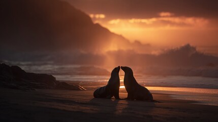 Silhouette of two seals interacting on a sandy beach at sunset with a mountain backdrop and soft golden light.